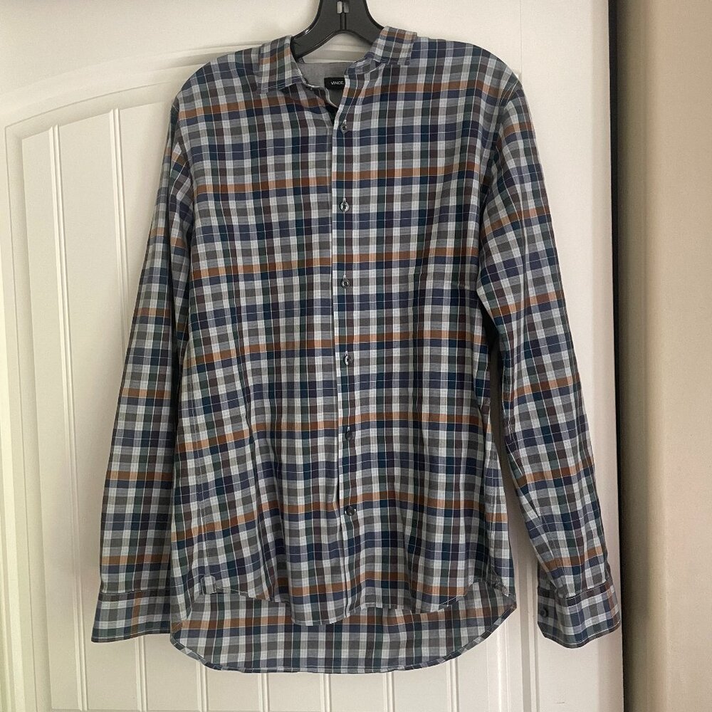 Vince Men’s Plaid Button-Up Shirt – Navy, Orange, Maroon & Gray – Size M